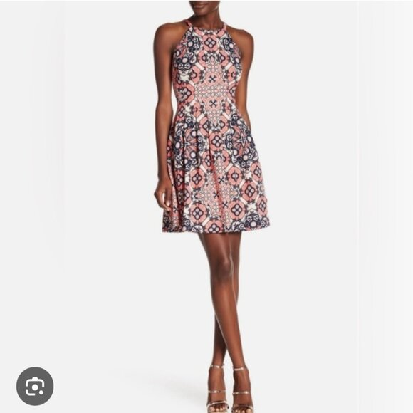 Vince Camuto boho retro print halter flare dress with pockets - Picture 1 of 12